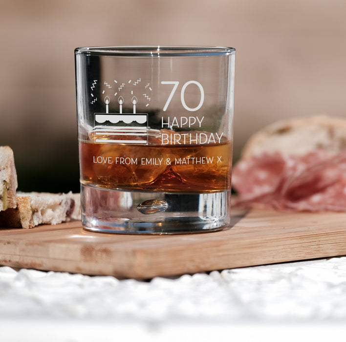 70th Birthday Engraved Whiskey Glass - Personalised Message with a Happy 70th Birthday Heart Design in Ready to Present Gift Tube Design 8 - YouPersonalise