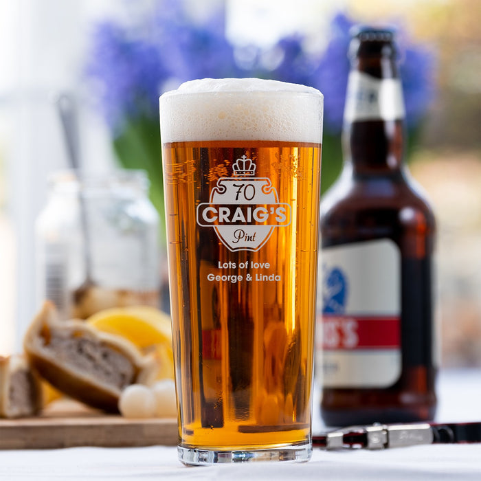 70th Crown Crest Design Personalised Engraved Pint Glass - YouPersonalise