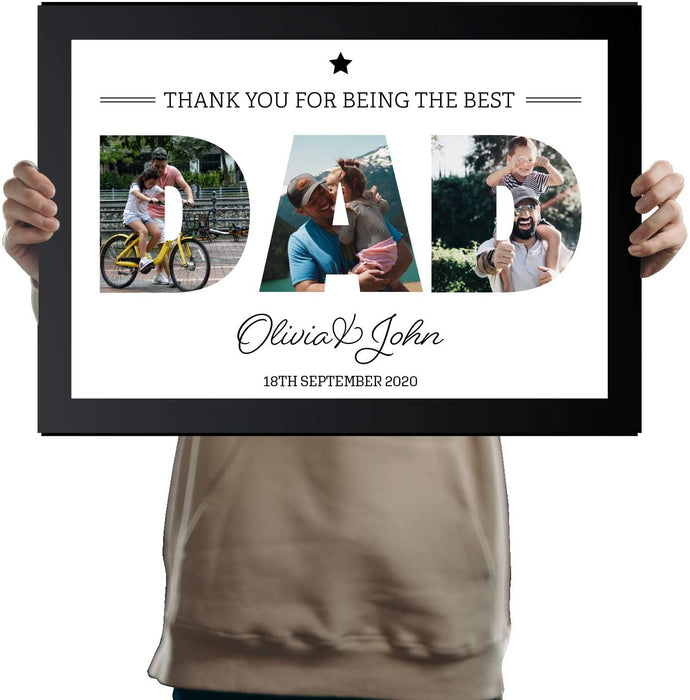 A3 Personalised DAD Photo Frame in BLACK with Collage of pictures inside letters with a special message. Three Pictures inside DAD - YouPersonalise