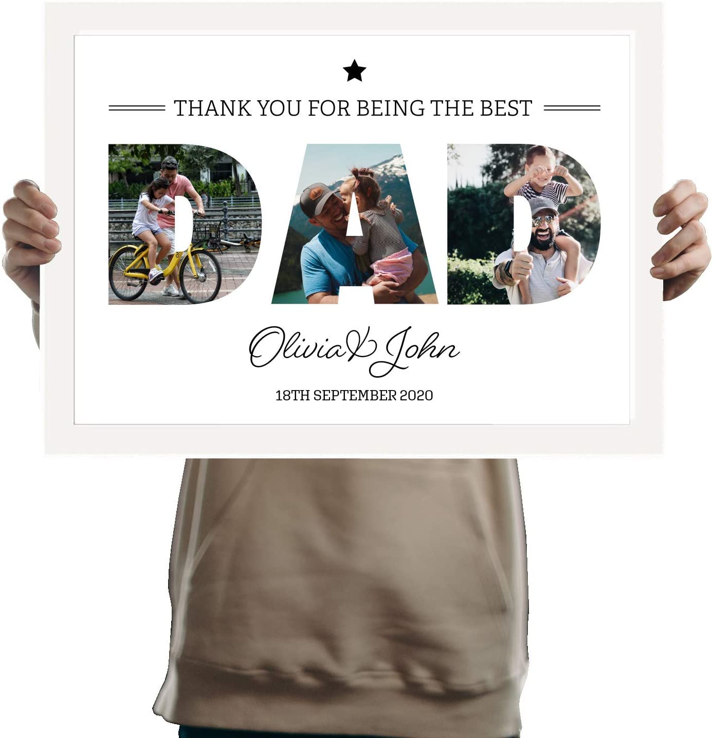A3 Personalised DAD Photo Frame Collage pictures inside letters special message. Three Pictures inside DAD