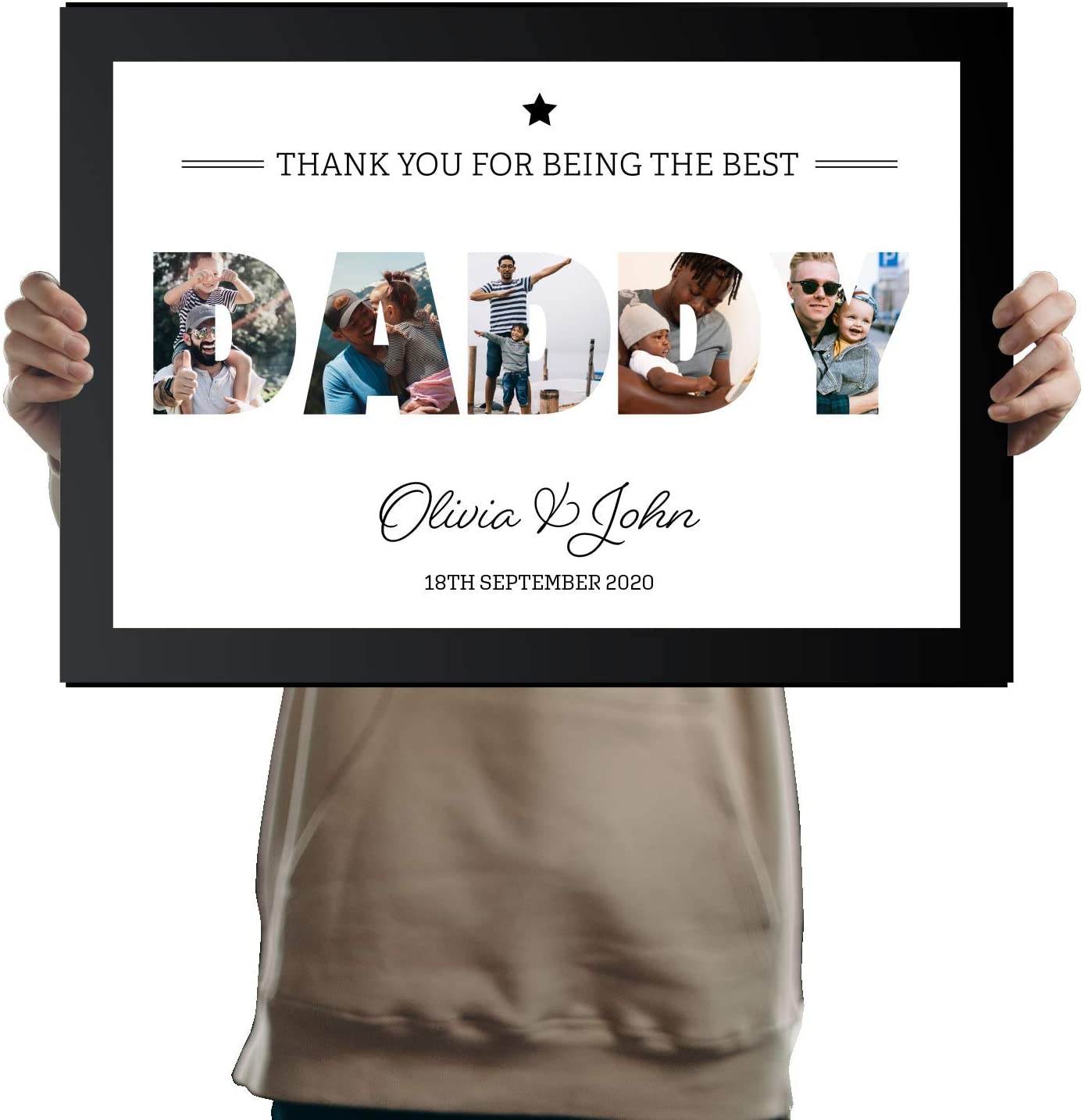 A3 Personalised DADDY Photo Frame in BLACK with Collage of pictures inside letters with a special message. Five Pictures inside DADDY.