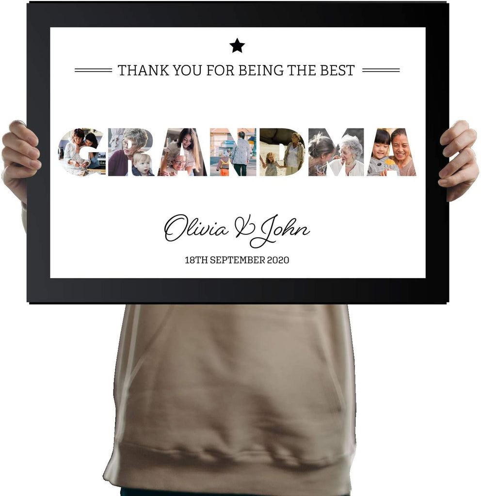A3 Personalised GRANDMA Photo Frame in BLACK with Collage of pictures inside letters with a special message. Seven Pictures inside GRANDMA for Mothers Day and Birthdays - YouPersonalise