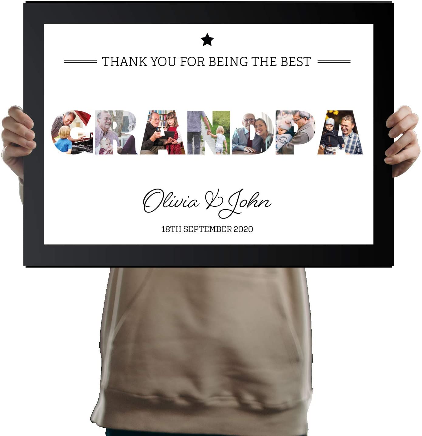 A3 Personalised GRANDPA Photo Frame in BLACK with Collage of pictures inside letters with a special message. Seven Pictures inside GRANDPA.
