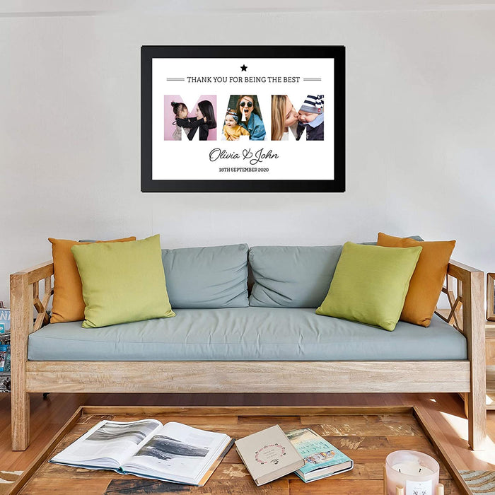 A3 Personalised MAM Photo Frame in BLACK with Collage of pictures inside letters with a special message. Three Pictures inside MAM for Mothers Day and Birthdays - YouPersonalise