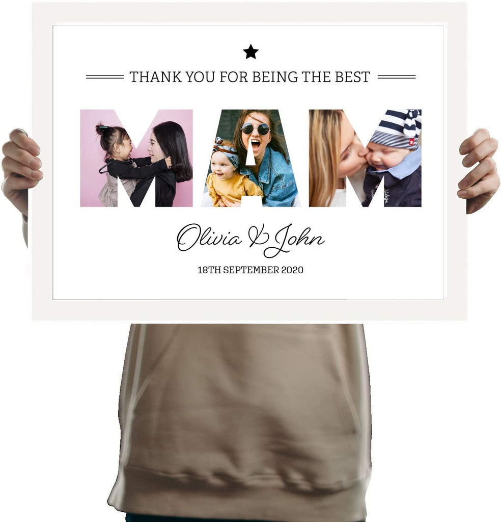 A3 Personalised MAM Photo Frame in WHITE with Collage of pictures inside letters with a special message. Three Pictures inside MAM for Mothers Day and Birthdays - YouPersonalise