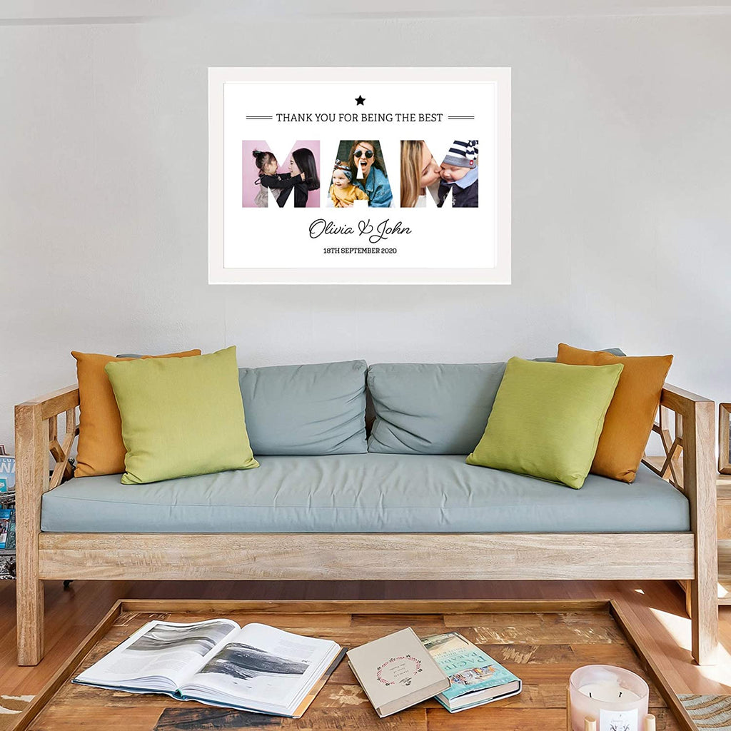 A3 Personalised MAM Photo Frame in WHITE with Collage of pictures inside letters with a special message. Three Pictures inside MAM for Mothers Day and Birthdays - YouPersonalise