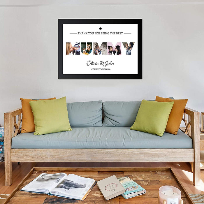A3 Personalised MUMMY Photo Frame in BLACK with Collage of pictures inside letters with a special message. Five Pictures inside MUMMY for Mothers Day and Birthdays - YouPersonalise