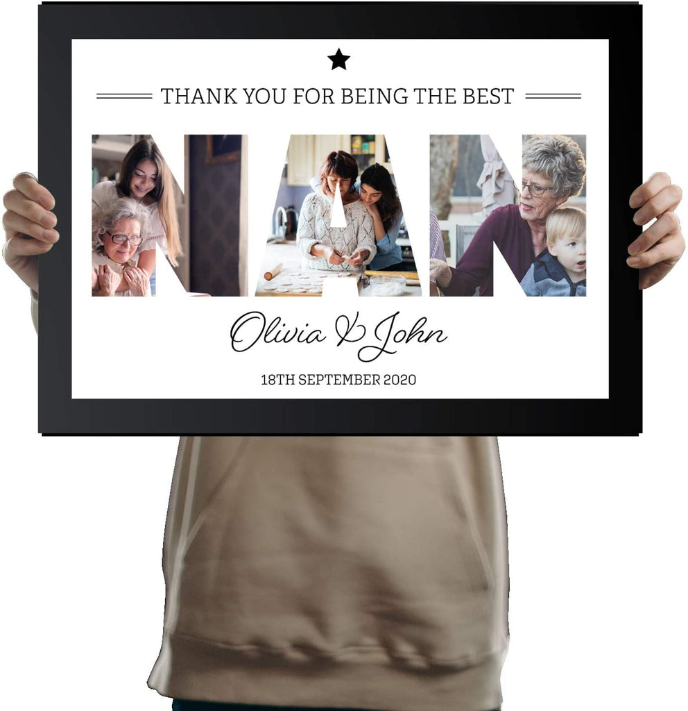 A3 Personalised NAN Photo Frame in BLACK with Collage of pictures inside letters with a special message. Three Pictures inside NAN for Mothers Day and Birthday - YouPersonalise