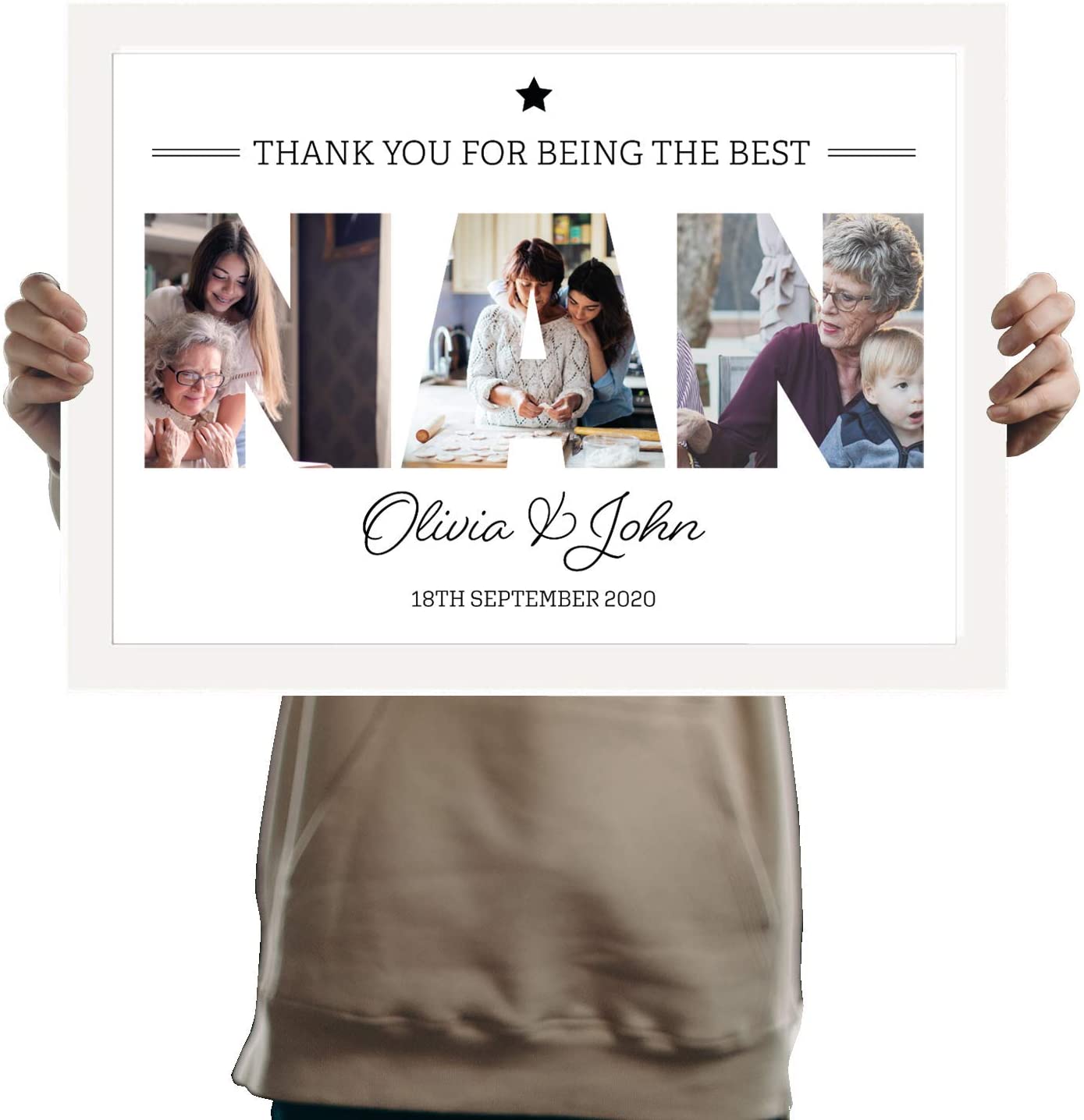 A3 Personalised NAN Photo Frame in WHITE with Collage of pictures inside letters with a special message. Three Pictures inside NAN for Mothers Day and Birthday