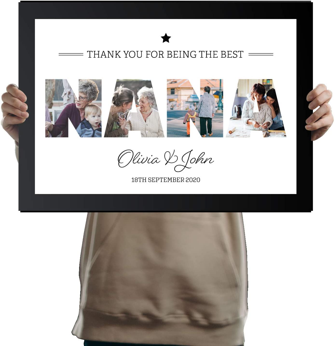 A3 Personalised NANA Photo Frame in BLACK with Collage of pictures inside letters with a special message. Four Pictures inside NANA for Mothers Day and Birthday