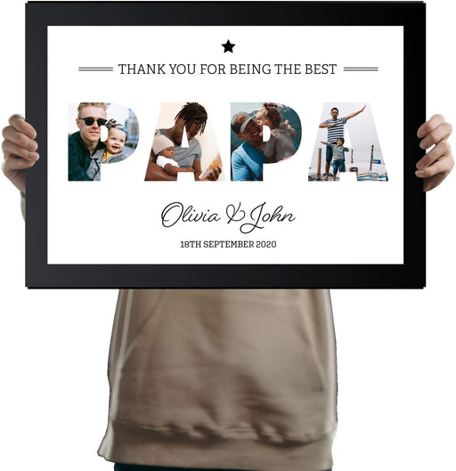 A3 Personalised PAPA Photo Frame in BLACK with Collage of pictures inside letters with a special message. Four Pictures inside PAPA - YouPersonalise