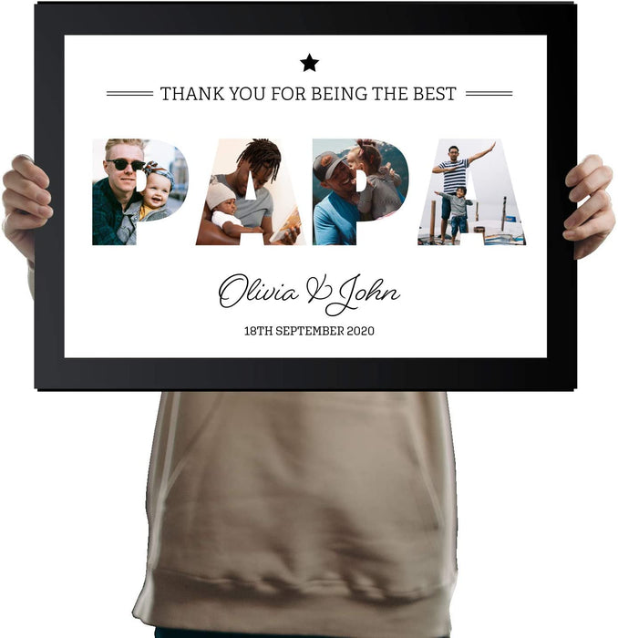 A3 Personalised PAPA Photo Frame in BLACK with Collage of pictures inside letters with a special message. Four Pictures inside PAPA - YouPersonalise
