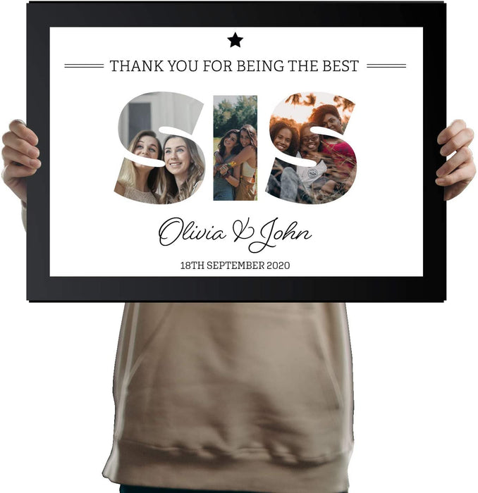 A3 Personalised SIS Photo Frame in BLACK with Collage of pictures inside letters with a special message. Three Pictures inside SIS - YouPersonalise
