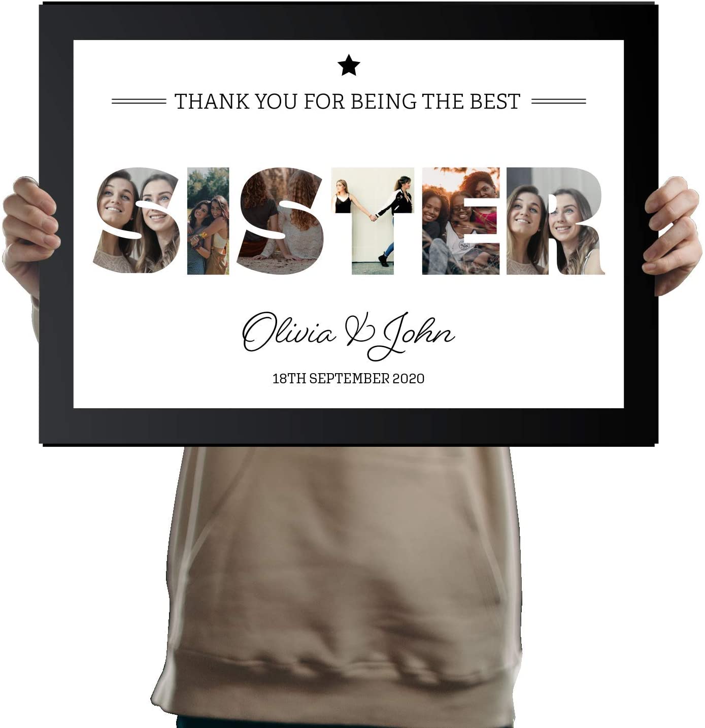 A3 Personalised SISTER Photo Frame in BLACK with Collage of pictures inside letters with a special message. Six Pictures inside SISTER