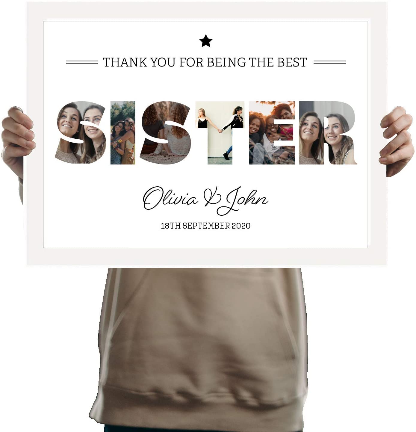 A3 Personalised SISTER Photo Frame Collage pictures inside letters special message. Six Pictures inside SISTER
