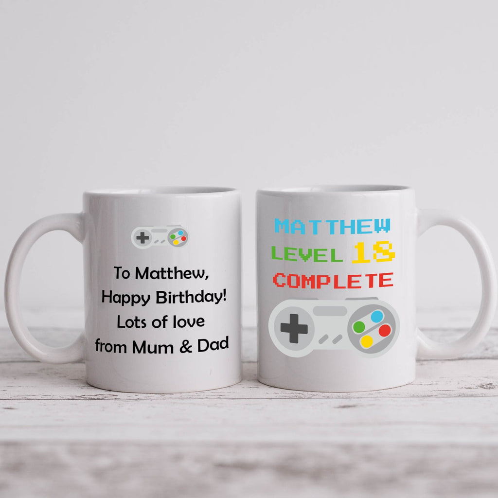 Gaming Mug Level Complete Any Age Personalised White Mug with Four Lines of Text - YouPersonalise