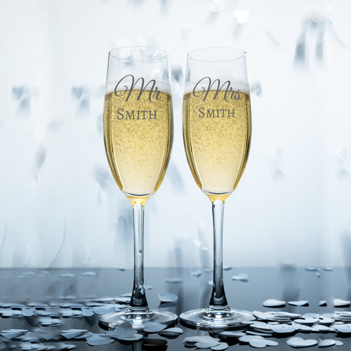 Mr & Mrs Simple Personalised Couples Pair of Champagne Flutes in Gift Box - YouPersonalise