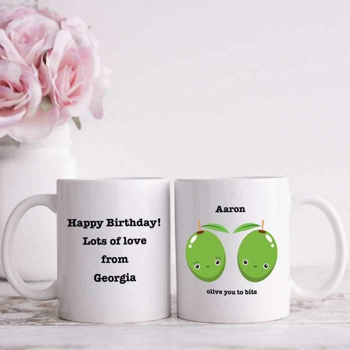 Olive You To Bits Fruit Themed Personalised White Mug with Four Lines of Text - YouPersonalise