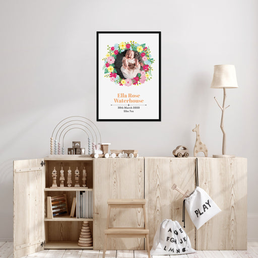 Personalised Floral Baby Photo Upload Framed Print in A3 Size - White or Black - YouPersonalise