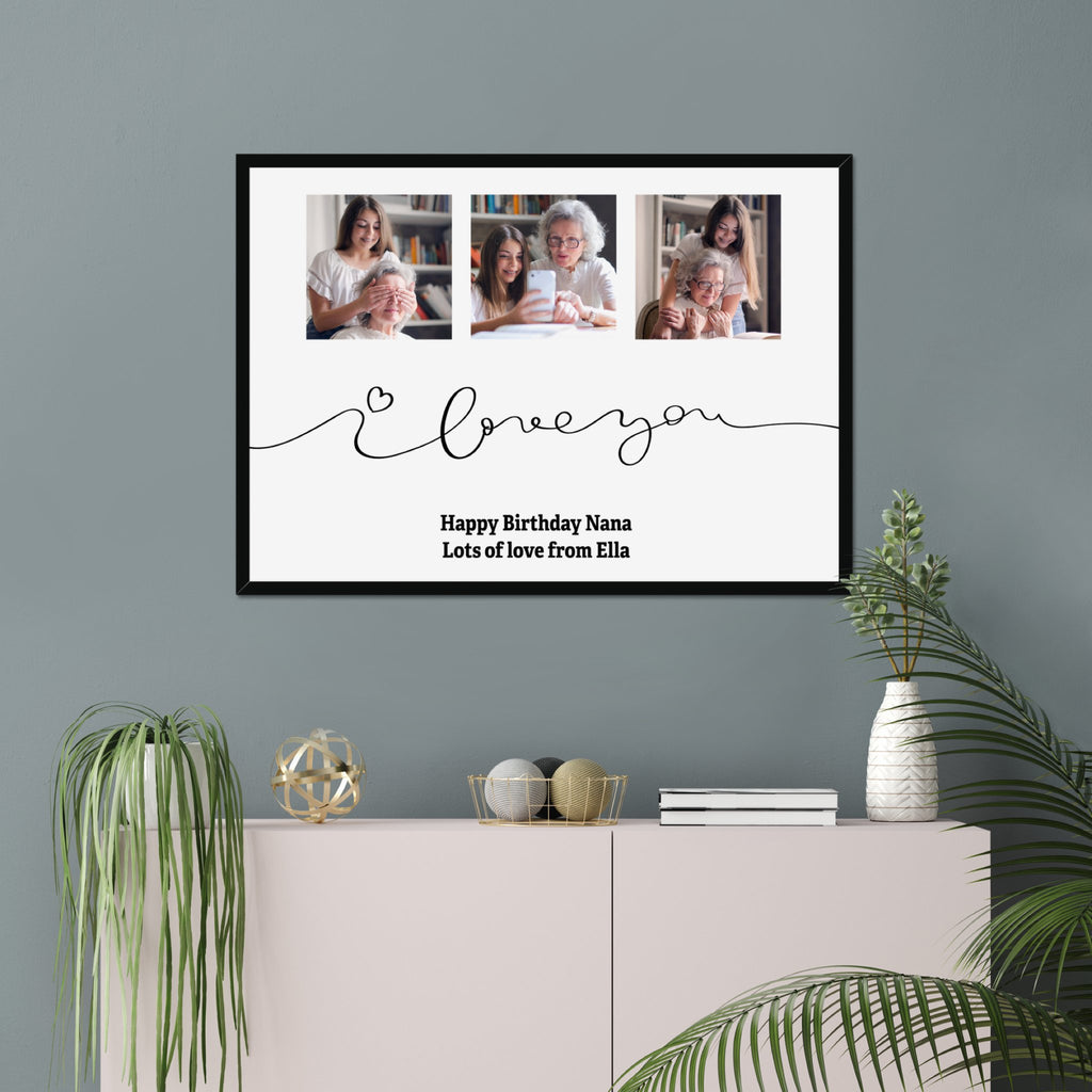 Personalised I LOVE YOU 3 Photo Upload Framed Print in A3 Size - White or Black - YouPersonalise
