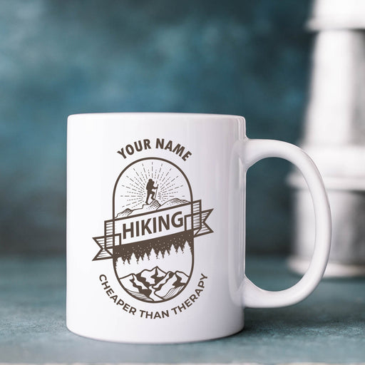 Personalised Mug Hiking Cheaper Than Therapy - Add Your Special One's Name (11oz) - Custom Gift for Birthdays, Christmas, Special Occasions - YouPersonalise