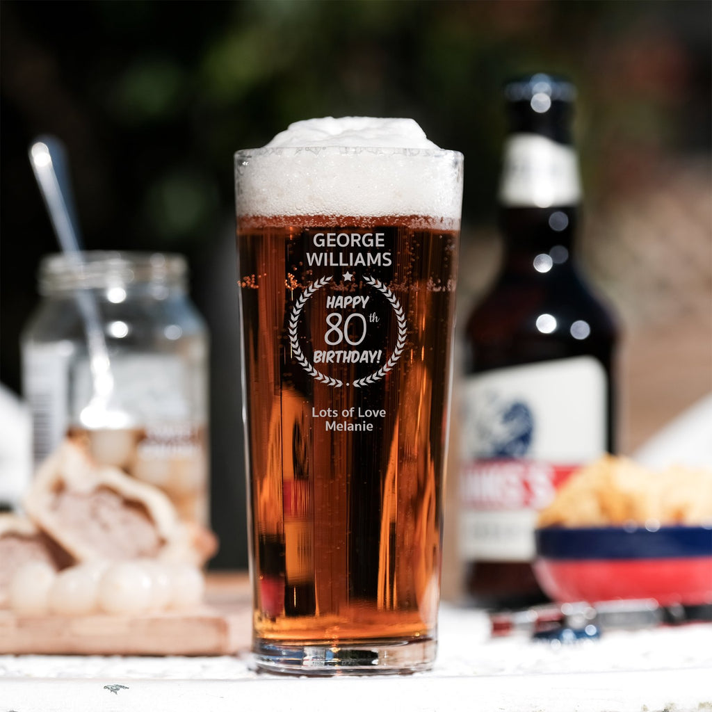 Personalised Pint Glass - 80th Wreath - YouPersonalise