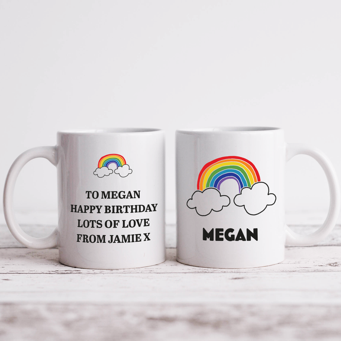 Rainbow and Clouds Personalised White Mug with Four Lines of Text - YouPersonalise