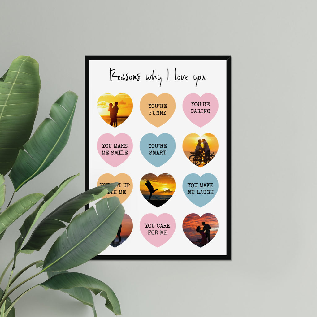 Reasons I Love You Personalised Photo Collage Upload With Messages and Framed in A3 Size - White or Black - YouPersonalise